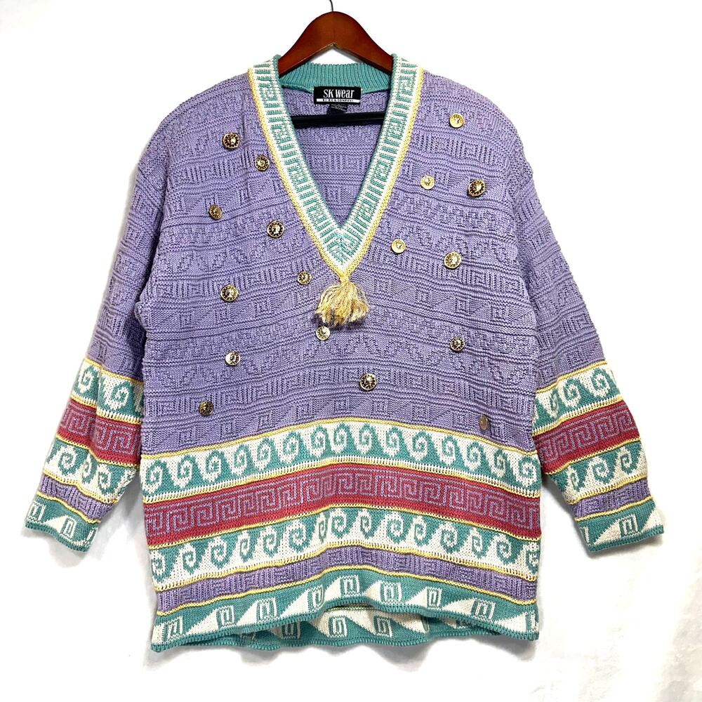 Vintage 80s RARE SK Wear Large Sweater V-Neck Multicolor Sequins Coins Knit Ugly